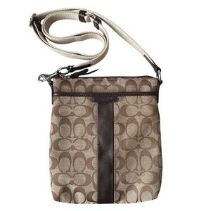 COACH Signature Jacquard with Patent leather trim Crossbody Messenger Bag Brown